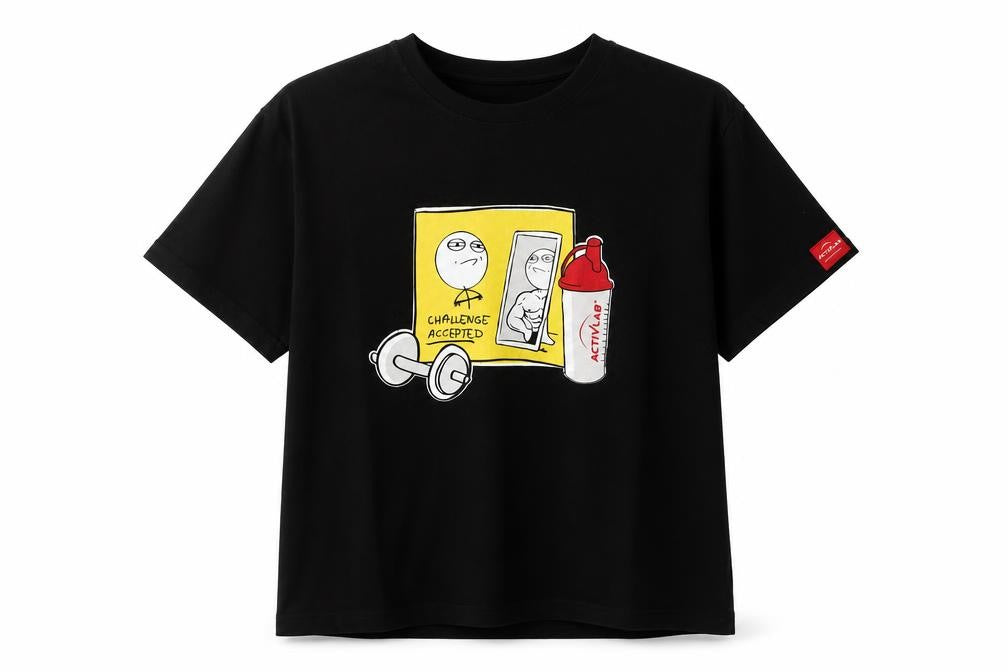 Front view of ActivLab women’s black basic t-shirt, size L, - challenge accepted