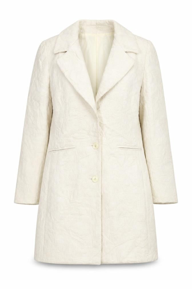 Front view of picotazos women’s beige floral overcoat coat, size UK 12