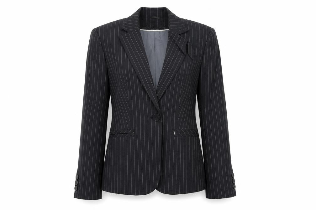 Front view of Marks & Spencer women’s black striped jacket blazer, size UK 12