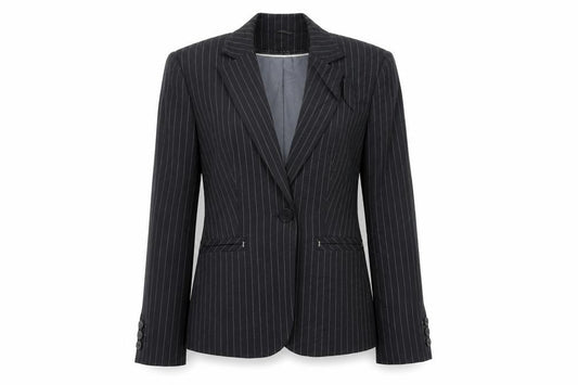 Front view of Marks & Spencer women’s black striped jacket blazer, size UK 12
