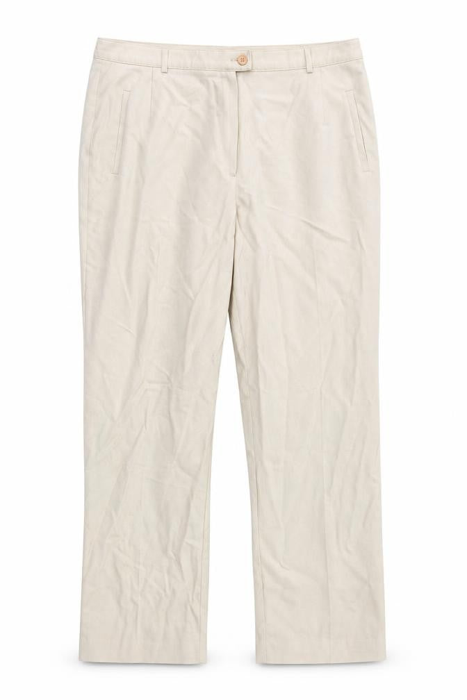 Front view of SLIMMA women’s beige trousers, size UK 34, in, 29-inch leg
