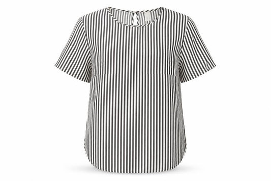 Front view of H&M women’s black striped basic t-shirt, size UK 12