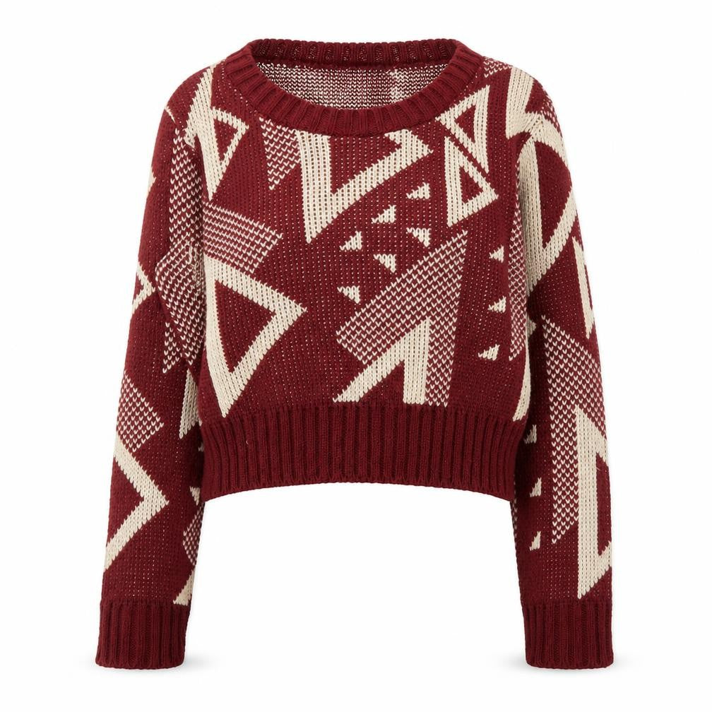 Front view of Why Not women’s red argyle/diamond jumper, size S