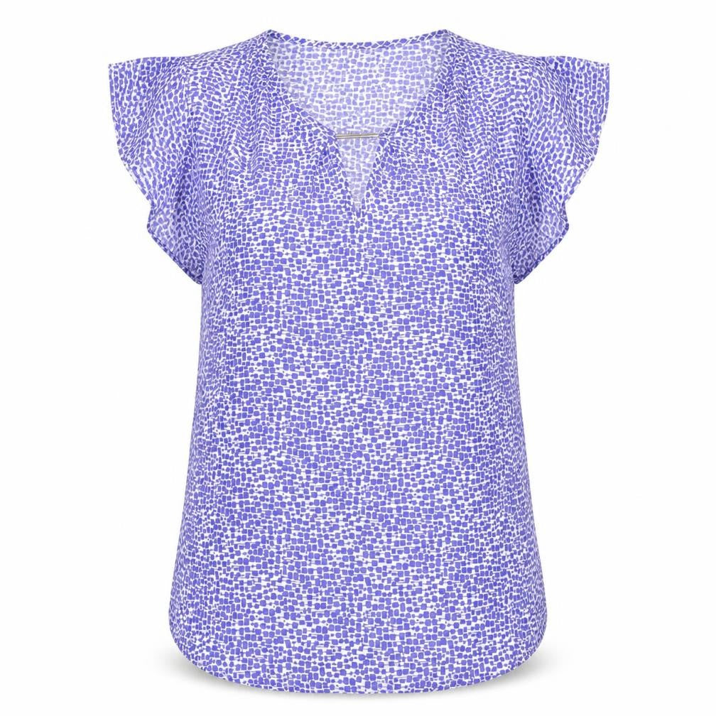 Front view of Dunnes women’s blue geometric basic blouse, size UK 8