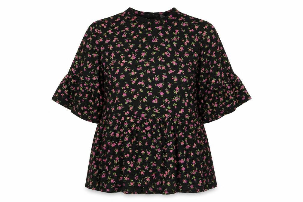 Front view of Boohoo women’s black floral basic t-shirt, size UK 6