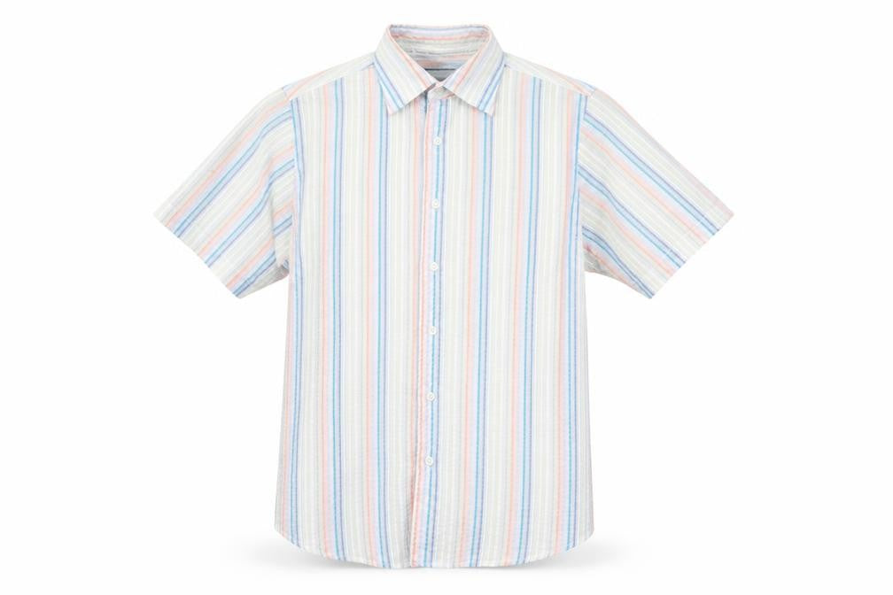 Front view of Cutting Edge men’s multicoloured striped button-up, size M