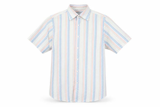 Front view of Cutting Edge men’s multicoloured striped button-up, size M