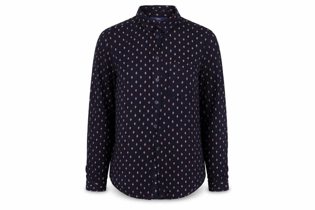 Front view of Next women’s blue geometric basic button-up, size UK 6