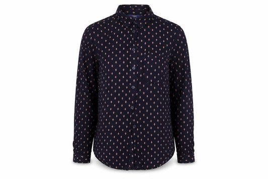 Front view of Next women’s blue geometric basic button-up, size UK 6