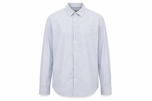 Front view of Marks & Spencer men’s blue striped button-up, size L, - tailored fit