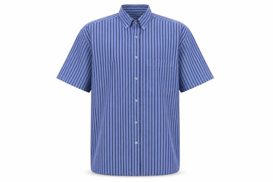 Front view of Hutson Harbour men’s blue striped button-up, size M