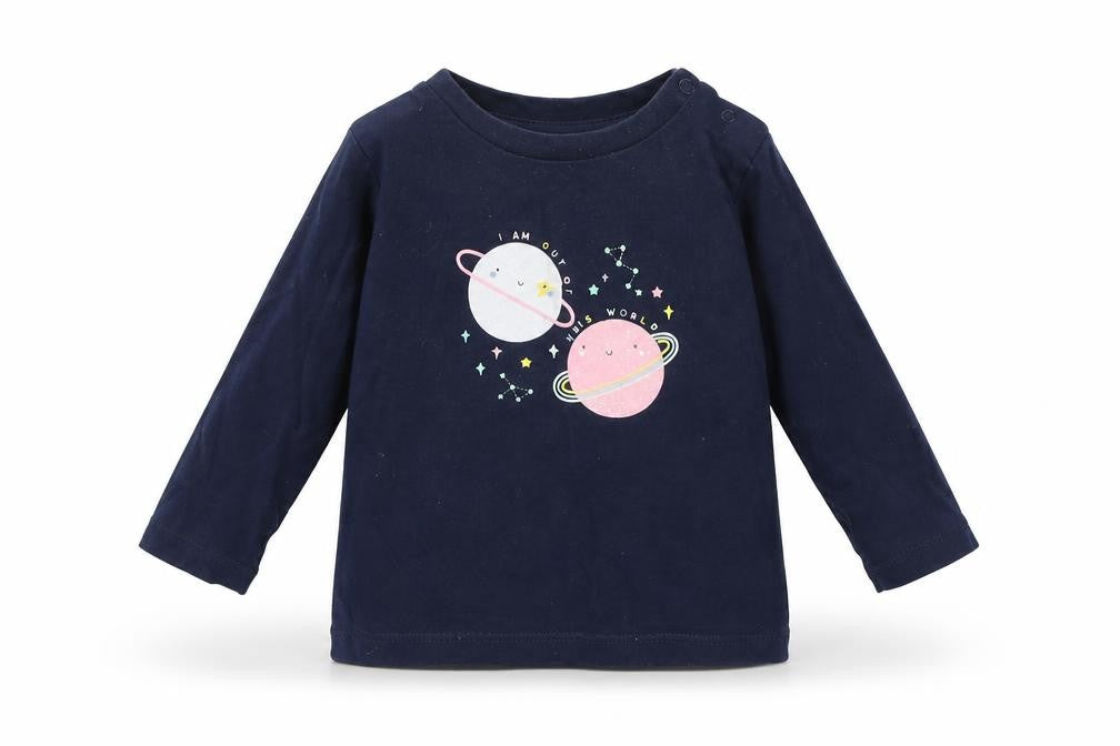 Front view of Very girls’ blue basic t-shirt, size 6-9, months