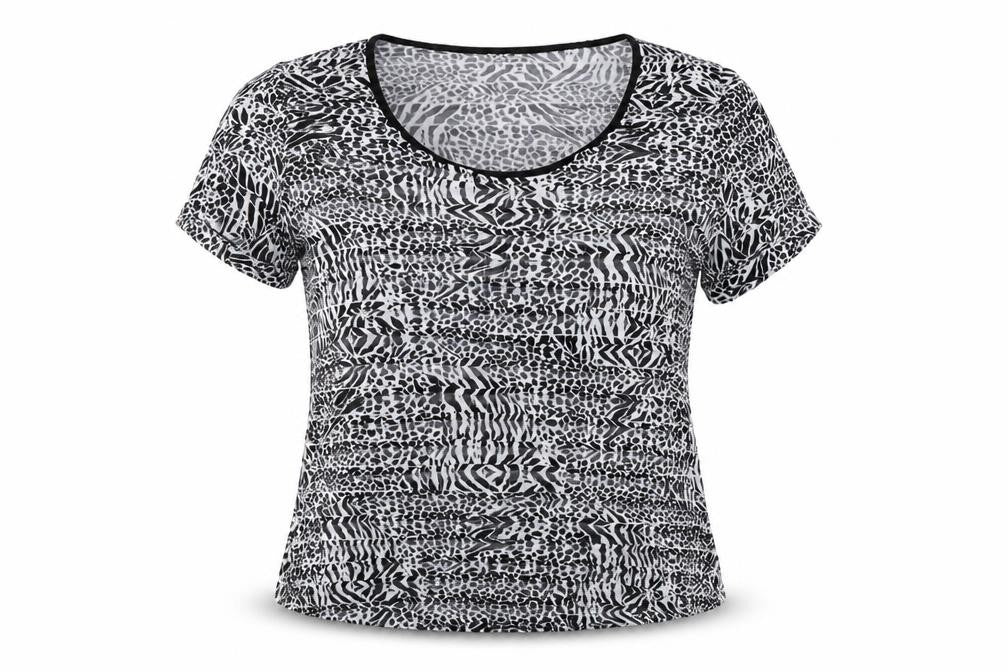 Front view of Soon women’s black animal print basic t-shirt, size UK 16