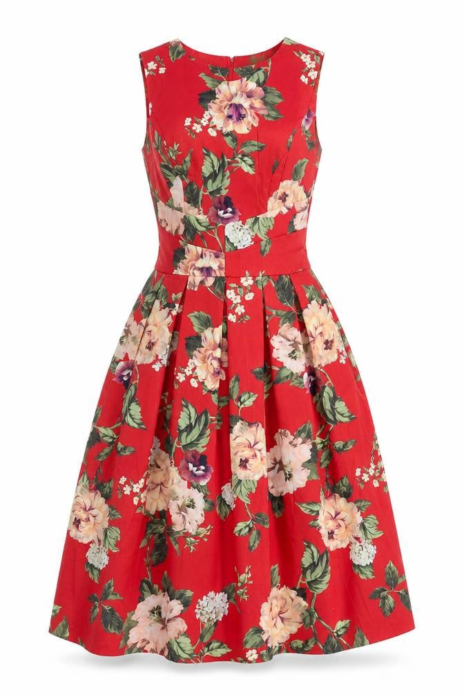 Front view of Miss Selfridge women’s red floral fit & flare, size UK 6