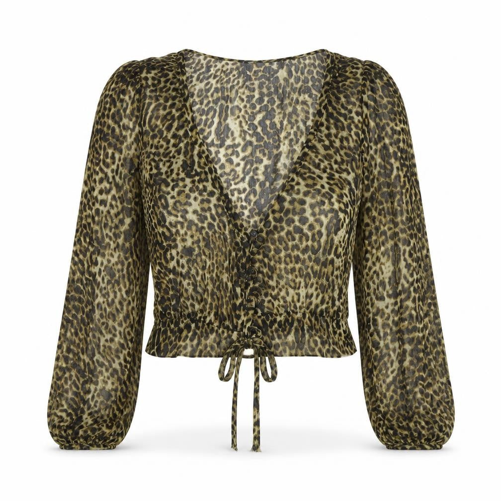 Front view of PRETTYLITTLETHING women’s brown animal print basic blouse, size UK 8