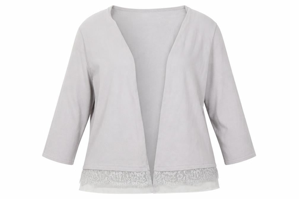 Front view of Preworn women’s grey cardigan jumper, size XL