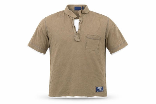 Front view of outrage men’s brown polo, size L