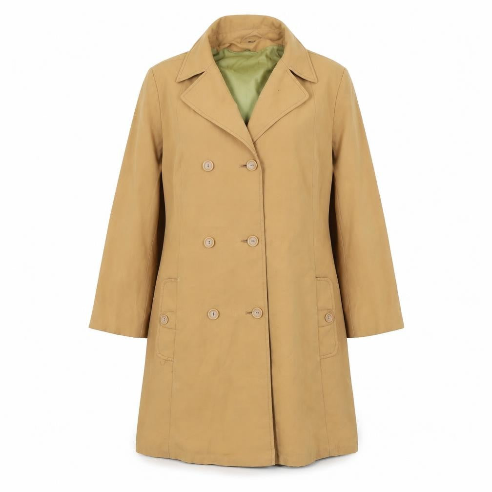 Front view of Preworn women’s brown overcoat coat, size UK 16