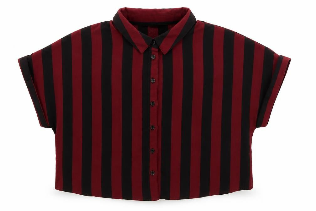 Front view of New Look girls’ red striped cropped button-up, size 14, years