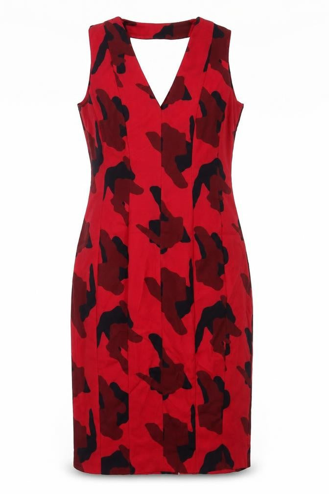 Front view of H&M women’s red batik rayon a-line, size UK 10