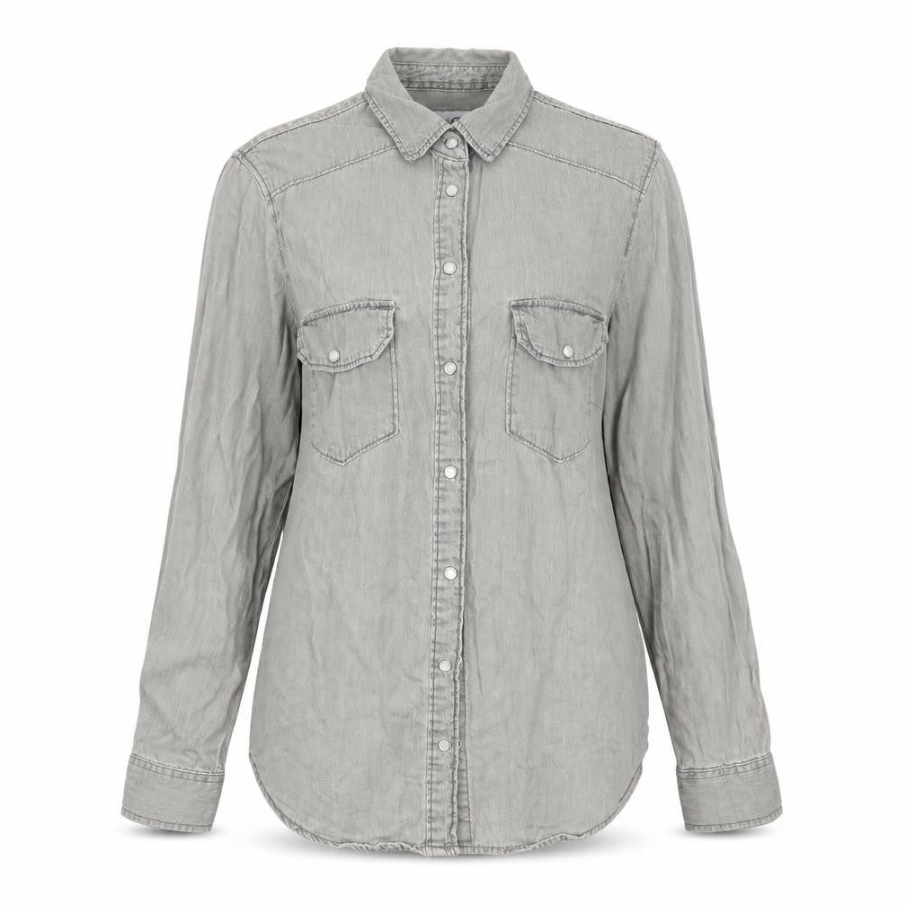 Front view of Denim & Co. women’s grey basic button-up, size UK 6