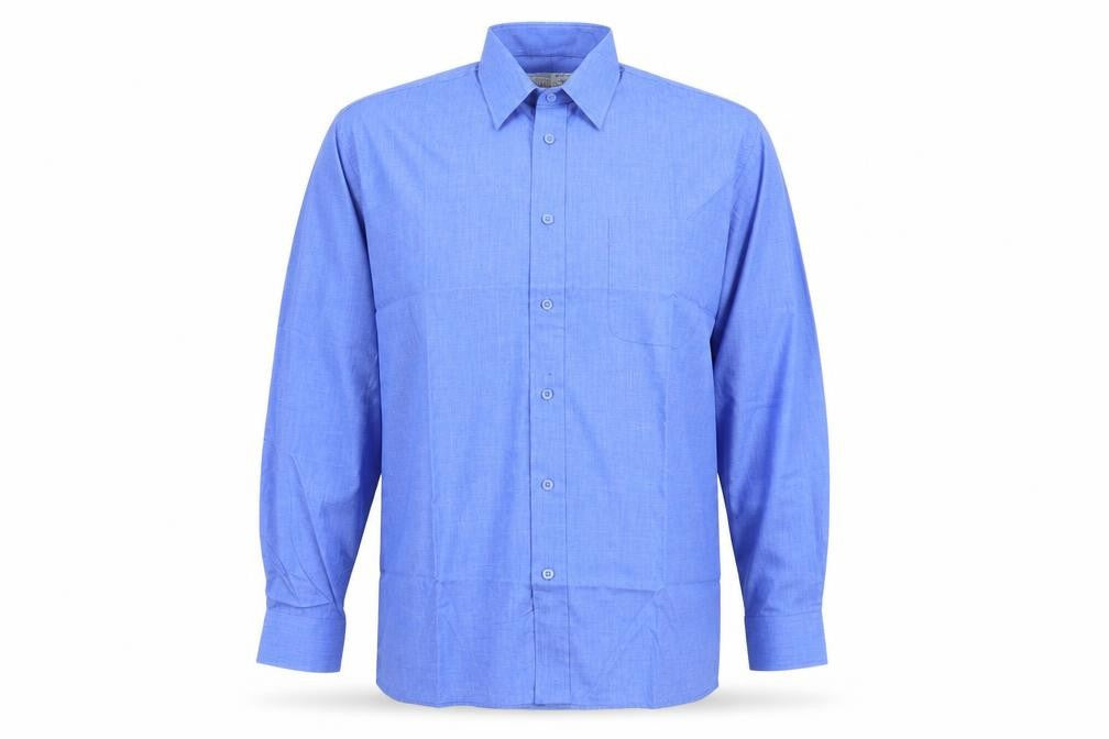 Front view of Classics men’s blue button-up, size 17