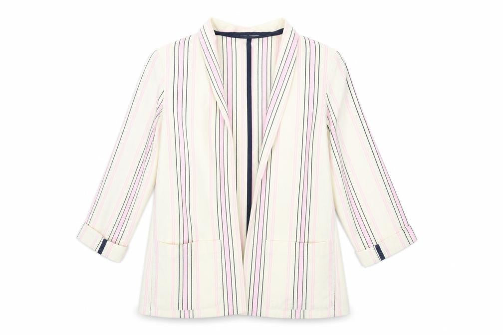 Front view of River Island women’s beige striped jacket, size UK 6