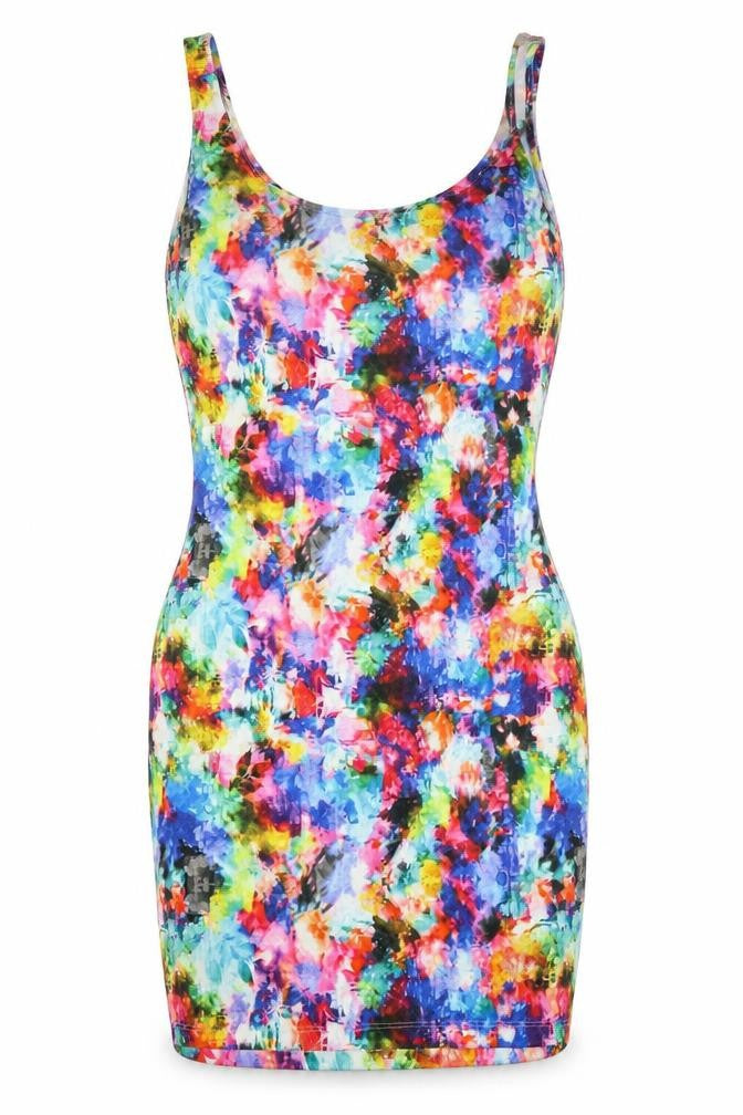 Front view of Love Label women’s multicoloured geometric sheath, size UK 8