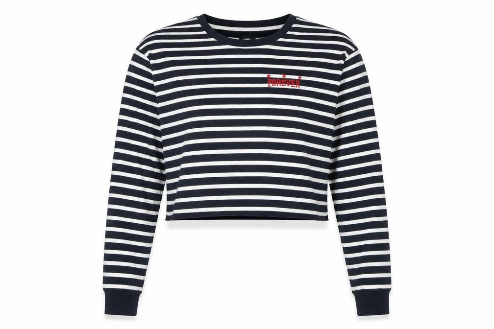 Front view of Topshop women’s black striped pullover sweatshirt, size UK 12