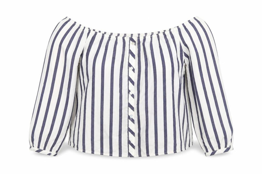 Front view of Miss Selfridge women’s blue striped basic blouse, size UK 10