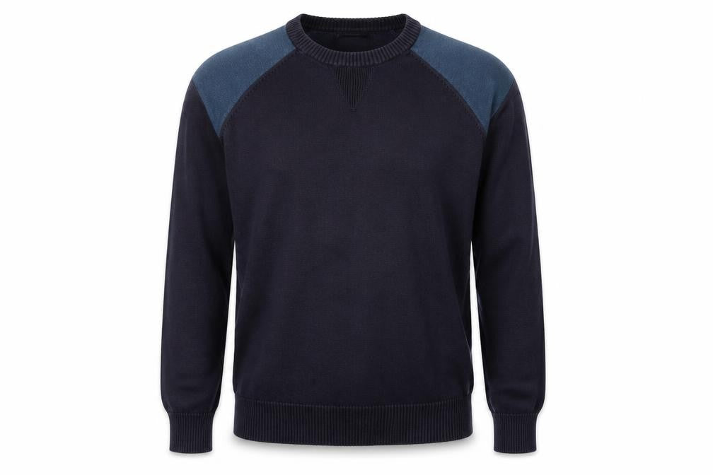 Front view of KVL men’s blue jumper, size M