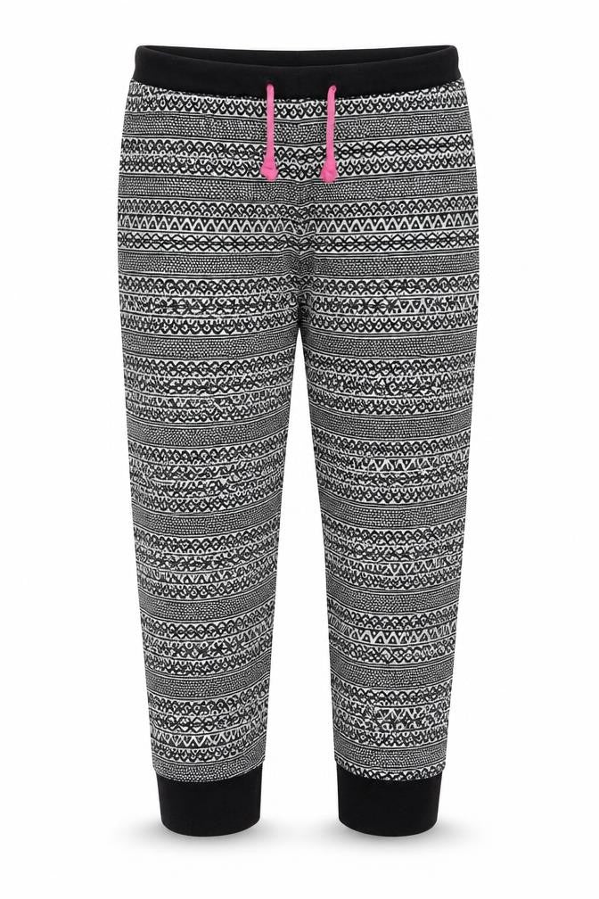 Front view of Primark women’s black geometric cropped trousers, size UK 10, 21-inch leg