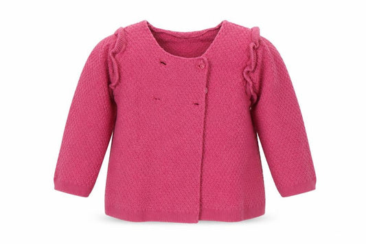 Front view of Marks & Spencer girls’ pink cardigan jumper, size 6-9, months