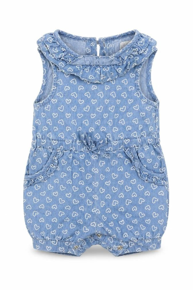 Front view of Early Days girls’ blue denim romper one-piece, size 0-3, months