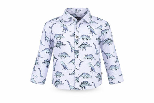 Front view of Next Baby Blue Geometric Basic Button-Up, size 12, Months - Dinosaur