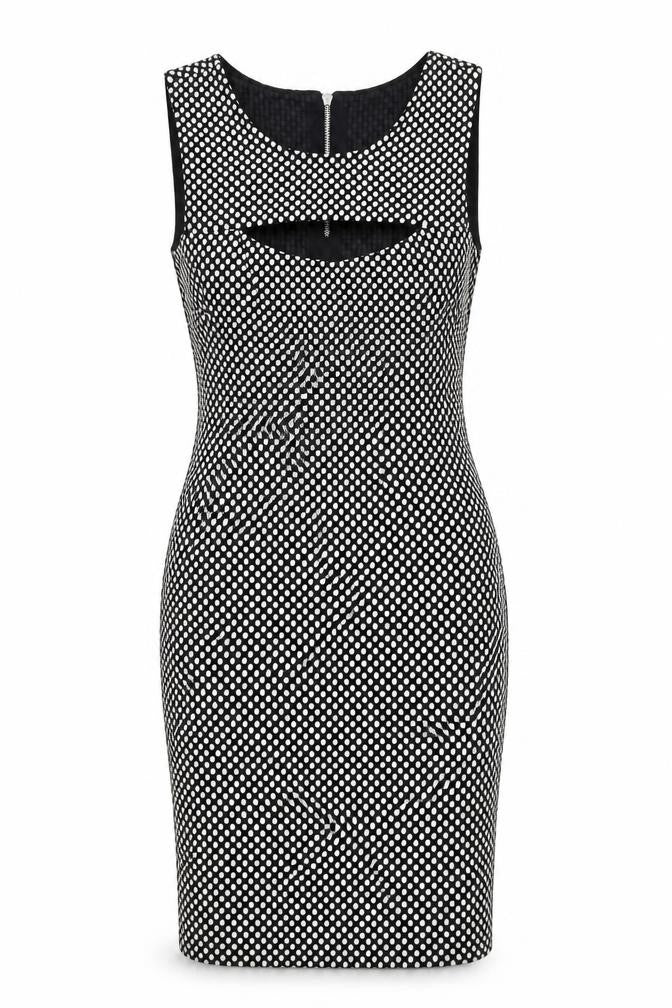 Front view of Next women’s black polka dot bodycon, size UK 10