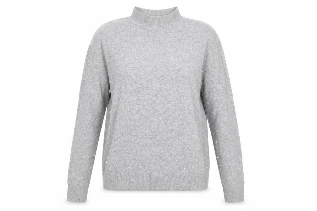Front view of Warehouse women’s grey knit jumper, size UK 14
