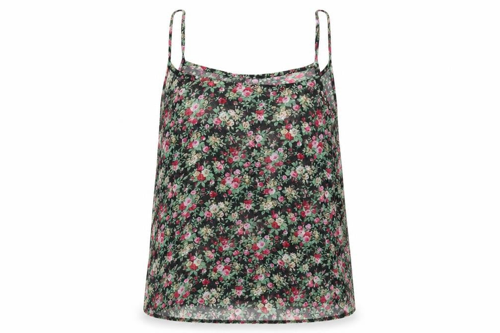 Front view of New Look women’s black floral basic tank, size UK 10