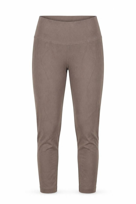 Front view of Preworn women’s brown capri leggings, size UK 27, in, 25-inch leg