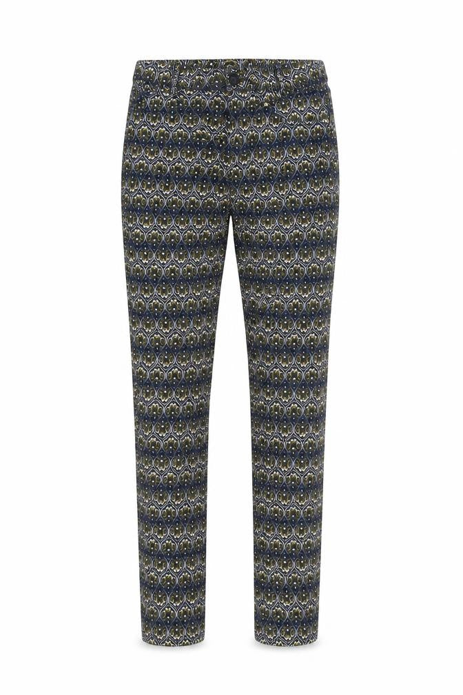Front view of H&M women’s blue paisley trousers, size UK 8, 30-inch leg
