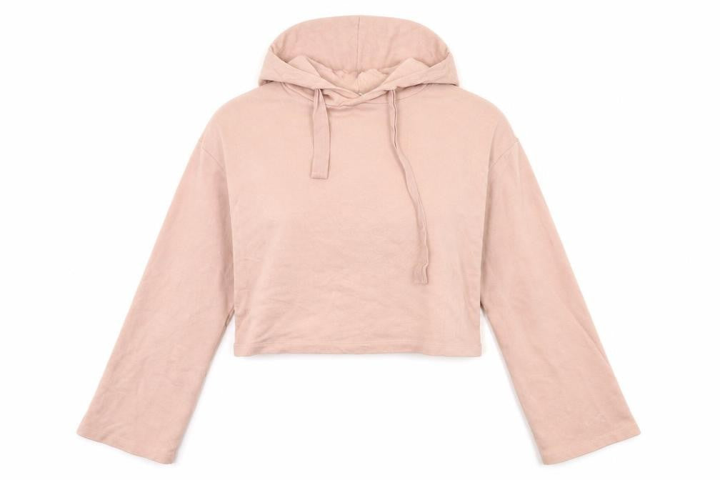 Front view of H&M women’s pink pullover hoodie, size M