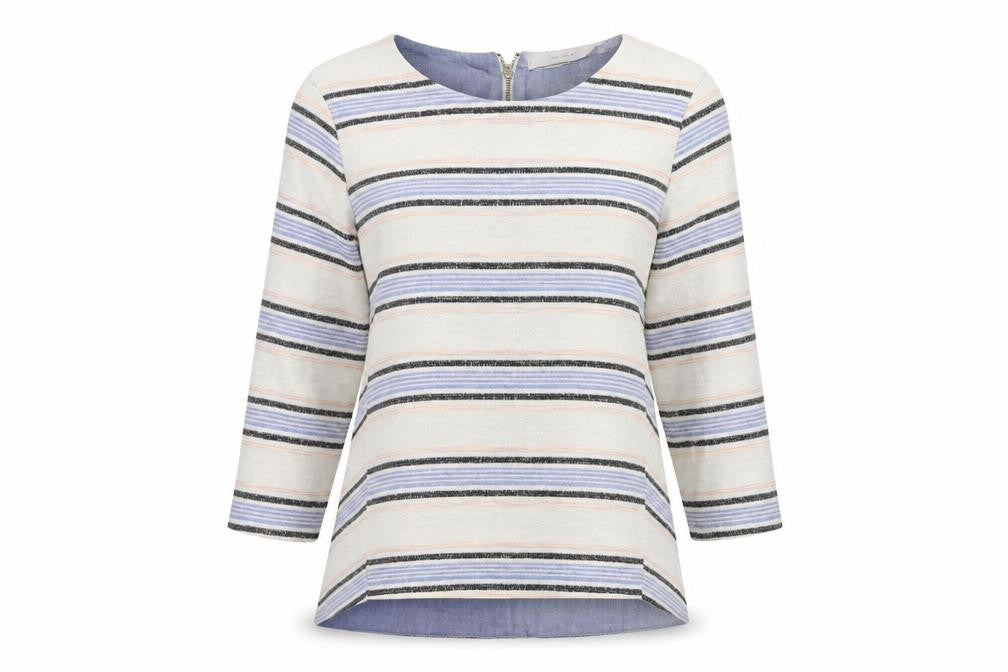 Front view of Marks & Spencer women’s white striped jumper, size UK 14