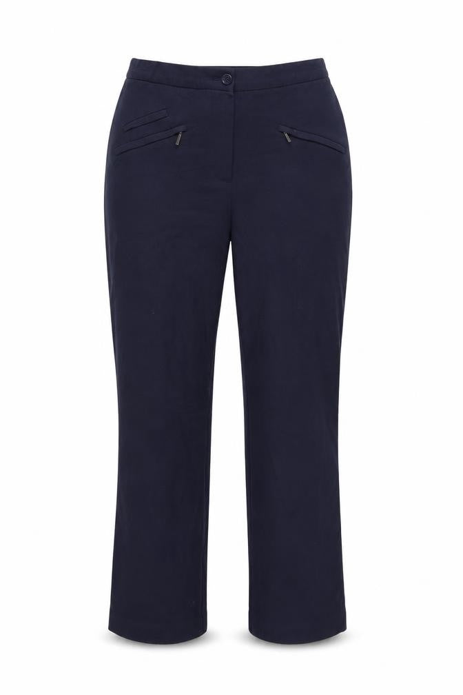 Front view of Marks & Spencer women’s blue trousers, size UK 8, 27-inch leg