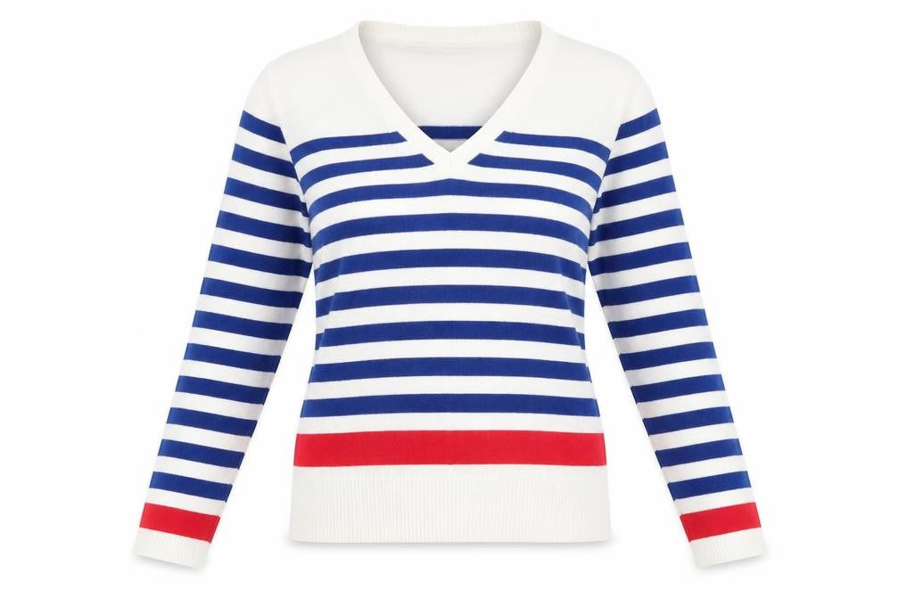 Front view of Kiabi women’s white striped knit jumper, size M