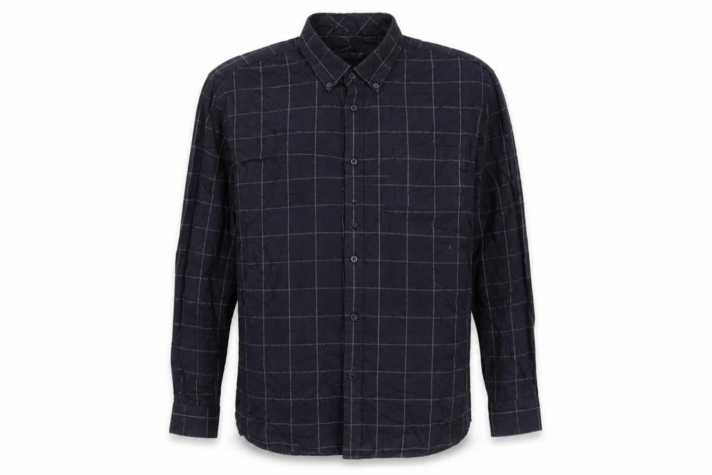 Front view of Easy men’s beige check button-up, size L