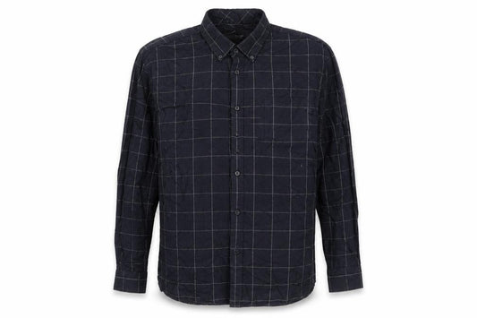 Front view of Easy men’s beige check button-up, size L