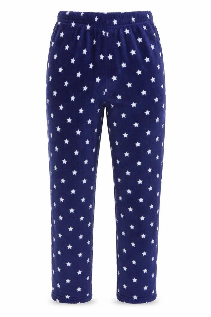 Front view of TEX women’s blue polka dot jogger trousers, size S, 30-inch leg