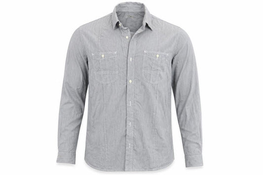 Front view of Next men’s grey striped button-up, size L