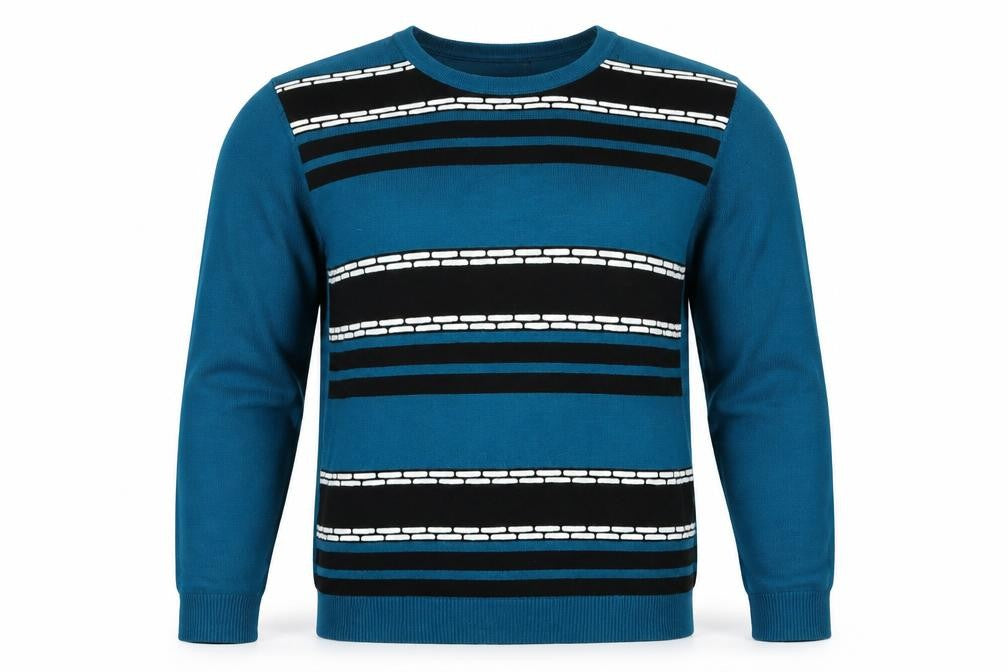 Front view of Mindflower men’s multicoloured striped pullover sweatshirt, size M