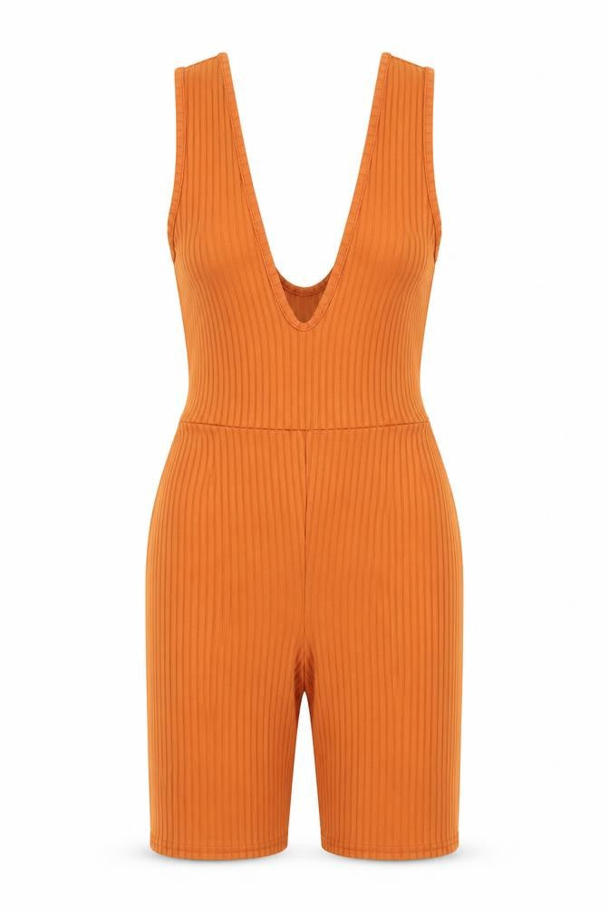 Front view of PRETTYLITTLETHING women’s brown playsuit one-piece, size UK 6